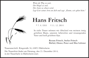 Traueranzeige von Hans Fritsch von Echo-Zeitungen (Gesamtausgabe)