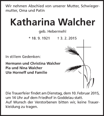 Traueranzeige von Katharina Walcher von Rüsselsheimer Echo, Groß-Gerauer-Echo, Ried Echo