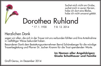 Traueranzeige von Dorothea Ruhland von Rüsselsheimer Echo, Groß-Gerauer-Echo, Ried Echo