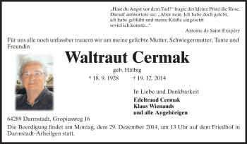 Traueranzeige von Waltraut Cermak von Echo-Zeitungen (Gesamtausgabe)