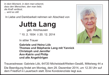 Traueranzeige von Jutta Lang von Odenwälder Echo