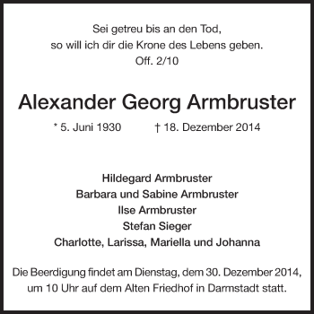 Traueranzeige von Alexander Georg Armbruster von Echo-Zeitungen (Gesamtausgabe)