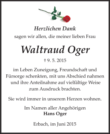 Traueranzeige von Waltraud Oger von Echo-Zeitungen (Gesamtausgabe)