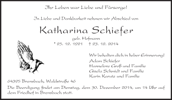 Traueranzeige von Katharina Schiefer von Odenwälder Echo