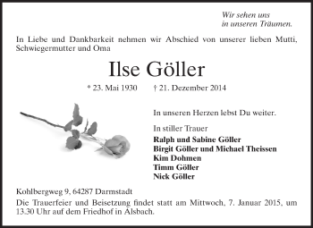 Traueranzeige von Ilse Göller von Echo-Zeitungen (Gesamtausgabe)
