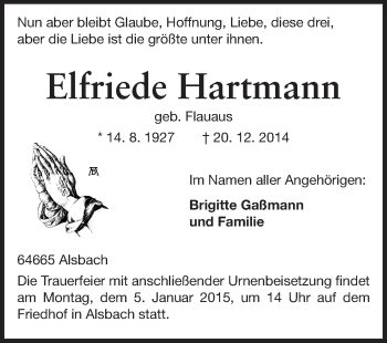 Traueranzeige von Elfriede Hartmann von Echo-Zeitungen (Gesamtausgabe)