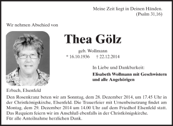 Traueranzeige von Thea Gölz von Odenwälder Echo