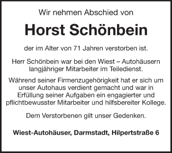 Traueranzeige von Horst Schönbein von Echo-Zeitungen (Gesamtausgabe)