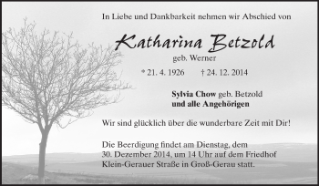 Traueranzeige von Katharina Betzold von Rüsselsheimer Echo, Groß-Gerauer-Echo, Ried Echo