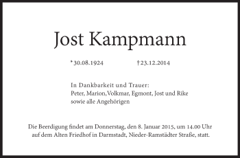 Traueranzeige von Jost Kampmann von Echo-Zeitungen (Gesamtausgabe)