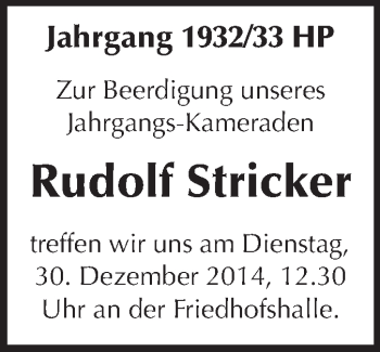 Traueranzeige von Rudolf Stricker von Starkenburger Echo