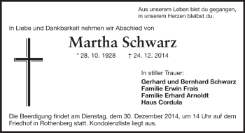 Traueranzeige von Martha Schwarz von Odenwälder Echo
