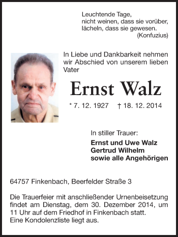 Traueranzeige von Ernst Walz von Odenwälder Echo