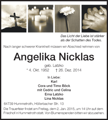 Traueranzeige von Angelika Nicklas von Echo-Zeitungen (Gesamtausgabe)