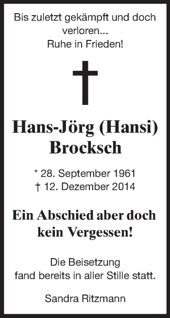 Traueranzeige von Hans-Jörg Brocksch von Echo-Zeitungen (Gesamtausgabe)
