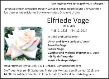 Traueranzeige von Elfriede Vogel von Odenwälder Echo