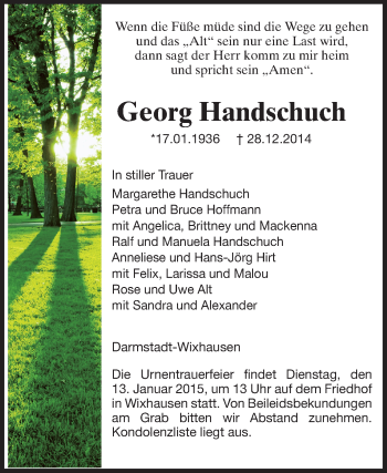 Traueranzeige von Georg Handschuch von Echo-Zeitungen (Gesamtausgabe)