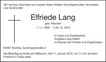 Traueranzeige von Elfriede Lang von Echo-Zeitungen (Gesamtausgabe)