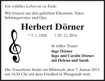 Traueranzeige von Herbert Dörner von Echo-Zeitungen (Gesamtausgabe)