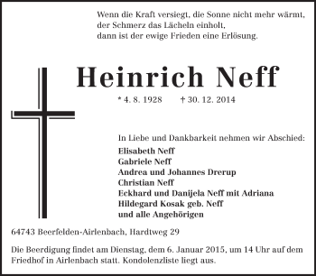 Traueranzeige von Heinrich Neff von Odenwälder Echo