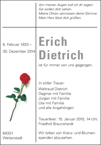 Traueranzeige von Erich Dietrich von Echo-Zeitungen (Gesamtausgabe)