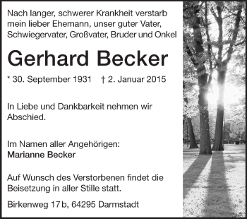 Traueranzeige von Gerhard Becker von Echo-Zeitungen (Gesamtausgabe)