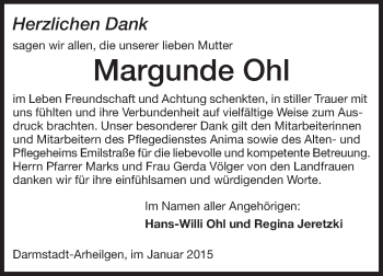 Traueranzeige von Margunde Ohl von Echo-Zeitungen (Gesamtausgabe)