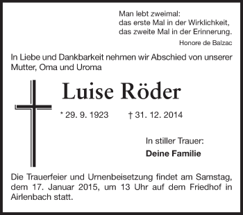 Traueranzeige von Luise Röder von Odenwälder Echo