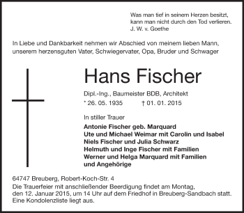 Traueranzeige von Hans Fischer von Echo-Zeitungen (Gesamtausgabe)