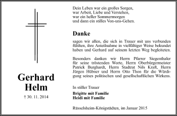 Traueranzeige von Gerhrad Helm von Rüsselsheimer Echo, Groß-Gerauer-Echo, Ried Echo