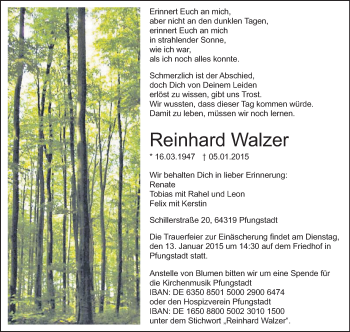 Traueranzeige von Reinhard Walzer von Echo-Zeitungen (Gesamtausgabe)