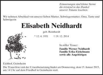 Traueranzeige von Elisabeth Neidhardt von Rüsselsheimer Echo, Groß-Gerauer-Echo, Ried Echo