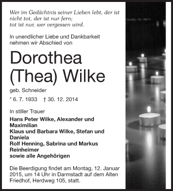 Traueranzeige von Dorothea Wilke von Echo-Zeitungen (Gesamtausgabe)