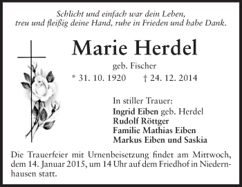 Traueranzeige von Marie Herdel von Odenwälder Echo