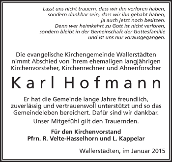 Traueranzeige von Karl Hofmann von Rüsselsheimer Echo, Groß-Gerauer-Echo, Ried Echo