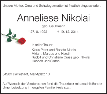Traueranzeige von Anneliese Nikolai von Darmstädter Echo, Odenwälder Echo, Rüsselsheimer Echo, Groß-Gerauer-Echo, Ried Echo