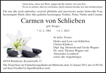 Traueranzeige von Carmen von Schlieben von Echo-Zeitungen (Gesamtausgabe)