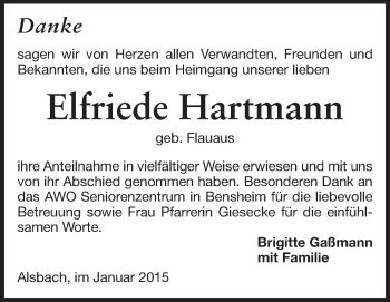 Traueranzeige von Elfriede Hartmann von Echo-Zeitungen (Gesamtausgabe)