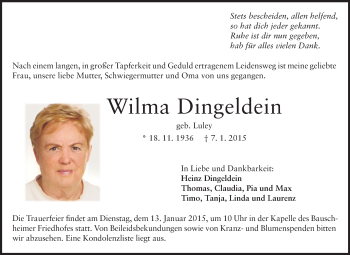 Traueranzeige von Wilma Dingeldein von Rüsselsheimer Echo, Groß-Gerauer-Echo, Ried Echo