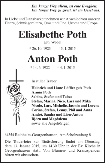 Traueranzeige von Elisabethe und Anton Poth von Echo-Zeitungen (Gesamtausgabe)