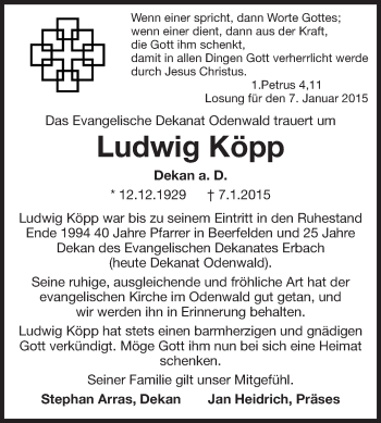 Traueranzeige von Ludwig Köpp von Odenwälder Echo