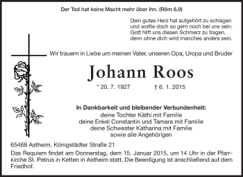 Traueranzeige von Johann Roos von Rüsselsheimer Echo, Groß-Gerauer-Echo, Ried Echo