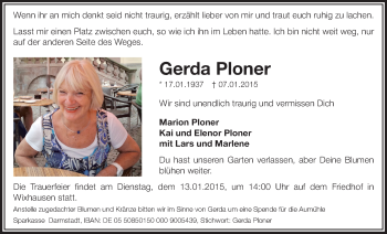 Traueranzeige von Gerda Ploner von Echo-Zeitungen (Gesamtausgabe)