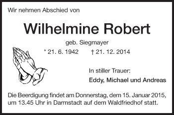 Traueranzeige von Wilhelmine Robert von Echo-Zeitungen (Gesamtausgabe)