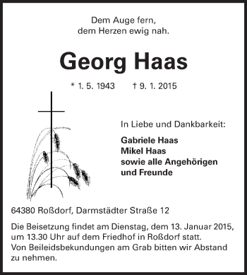Traueranzeige von Georg Haas von Echo-Zeitungen (Gesamtausgabe)