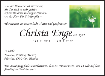 Traueranzeige von Christa Enge von Rüsselsheimer Echo, Groß-Gerauer-Echo, Ried Echo