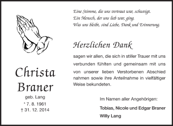 Traueranzeige von Christa Braner von Odenwälder Echo