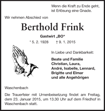 Traueranzeige von Berthold Frink von Echo-Zeitungen (Gesamtausgabe)