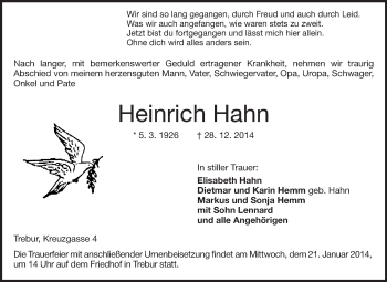 Traueranzeige von Heinrich Hahn von Rüsselsheimer Echo, Groß-Gerauer-Echo, Ried Echo