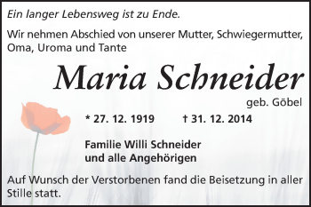 Traueranzeige von Maria Schneider von Echo-Zeitungen (Gesamtausgabe)